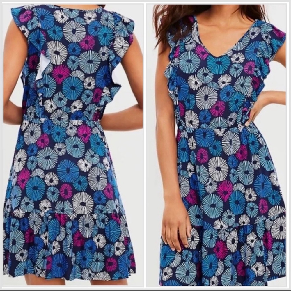 NWT $90 Ann Taylor LOFT Firework Print Swing Dress Sailor Navy Small Sleeveless - Picture 2 of 16